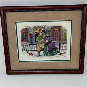 PICTURE Vintage Cross Stitch Embroidery Holiday Victorian Scene Framed Matted
